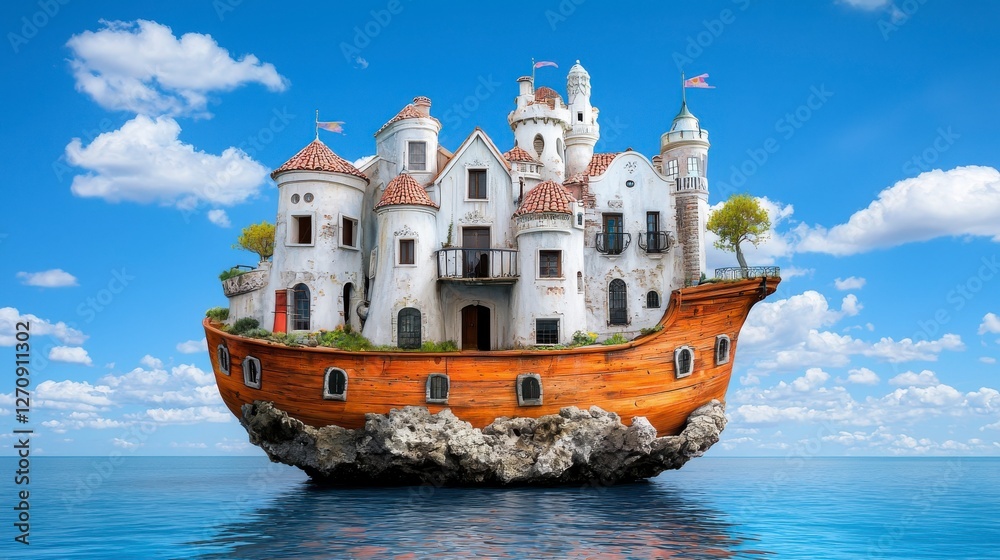 Obraz premium Enchanting Floating House on a Ship in Tranquil Waters Under a Bright Blue Sky