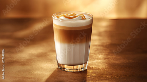 Layered Caramel Latte: A delightful coffee beverage featuring layers of milk, coffee, and caramel drizzle.