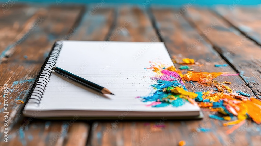 Naklejka premium Notebook with Colored Pencil Shavings on Wooden Table