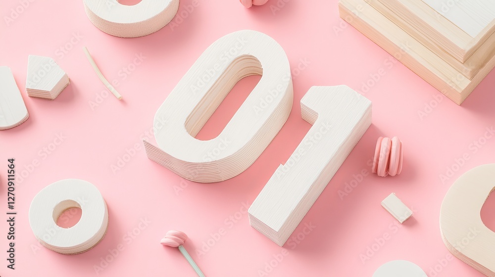The numbers are made of white painted wood and placed on a pink paper background. The numbers are made of white painted wood and placed on a pink paper background.