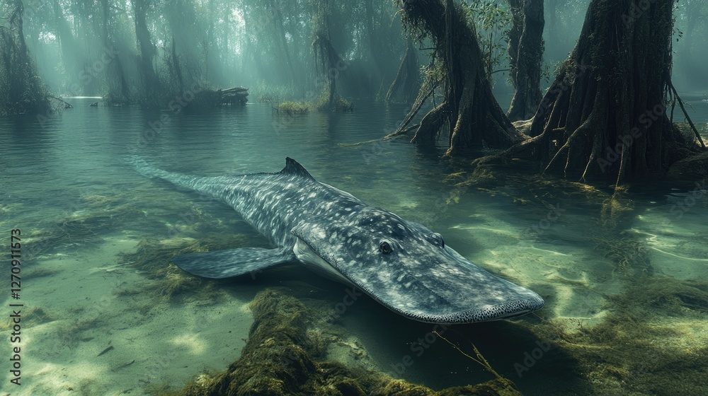 Fototapeta premium Ancient fish swims in swamp, misty forest background