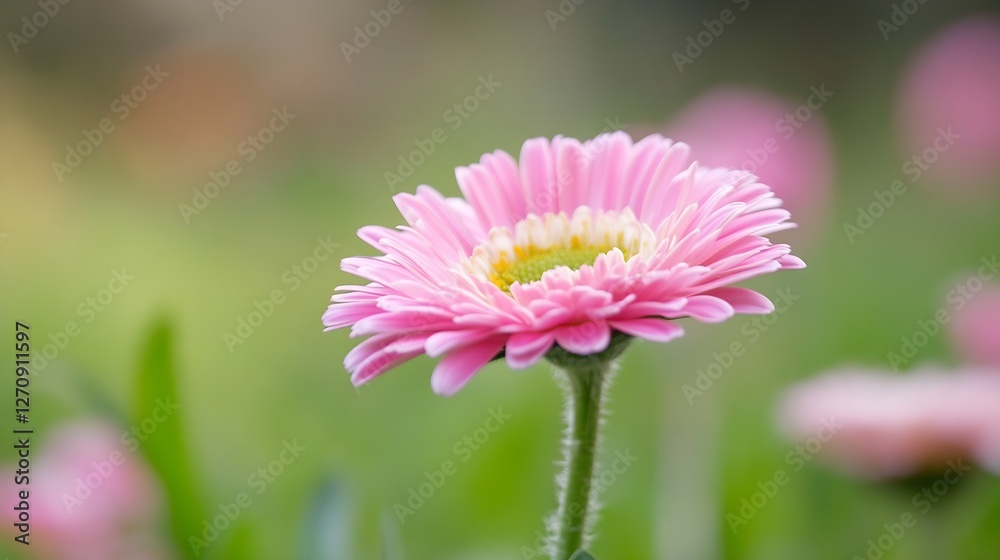 Beautiful blooming pink gerbera daisy surrounded by soft green foliage in natural garden setting : Generative AI Beautiful blooming pink gerbera daisy surrounded by soft green foliage in natural garden setting : Generative AI