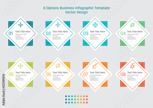 8 options business infographic template, theme of two squares that overlap each other, also with symbols and text frame