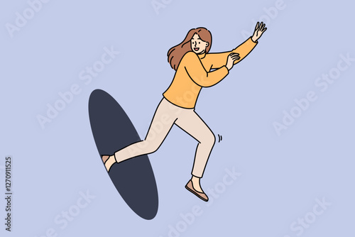 Happy woman jumps out of hole, showing readiness to move forward and energetic mood. Successful girl smiles moving forward thanks to inspiration and motivation for personal development