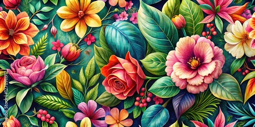Tilt-Shift Watercolor Leaves & Flowers: Vibrant Seamless Pattern, High-Resolution Botanical Art