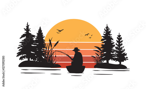 fisherman in a boat at sunset catches fish vector silhouette