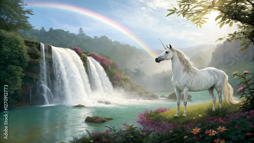 A mystical unicorn with a sparkling mane standing by a waterfall under a rainbow.