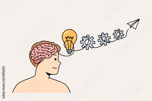 Man with developed intelligence demonstrates ability to generate idea and bring them to life. Light bulb turns into gear and plane, symbolizing creation of startup from idea in guy head