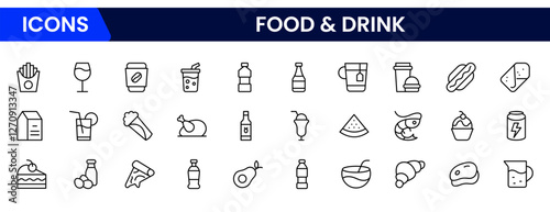 Food and drink web icons in line style. Meal, restaurant, dishes, fruits, fastfood, burger, pizza, coffee, sandwich, collection. Vector illustration.