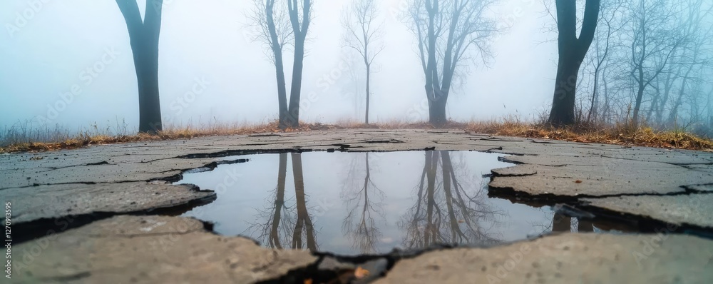 Acid rain climate change idea. A foggy landscape with cracked pavement reflecting bare trees in a serene atmosphere. Acid rain climate change idea. A foggy landscape with cracked pavement reflecting bare trees in a serene atmosphere.