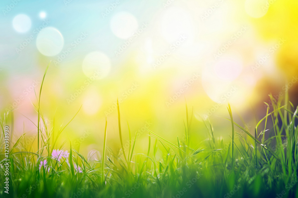 Fototapeta premium Close-up of fresh spring green grass with a beautifully blurred background, emphasizing the vivid colors and serene atmosphere.