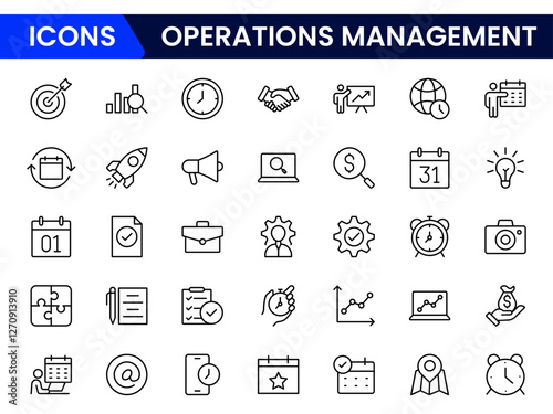 Operations management icon set. Containing production, logistics, supply chain, manufacturing, planning, inventory management, strategy, customer satisfaction and cost icons