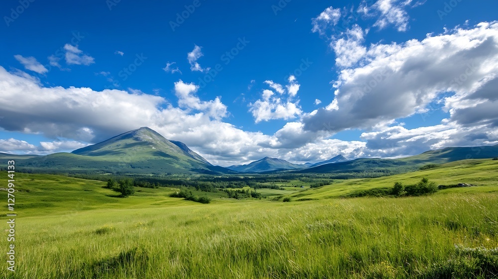 Breathtaking panoramic view of verdant mountains under a blue sky filled with clouds : Generative AI Breathtaking panoramic view of verdant mountains under a blue sky filled with clouds : Generative AI