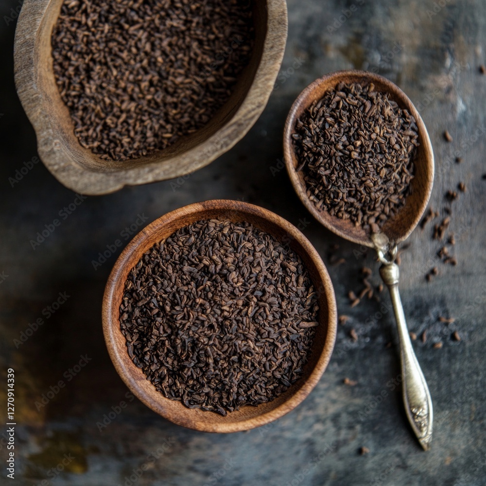 Rustic display of loose black tea leaves in wooden bowls and spoon Rustic display of loose black tea leaves in wooden bowls and spoon