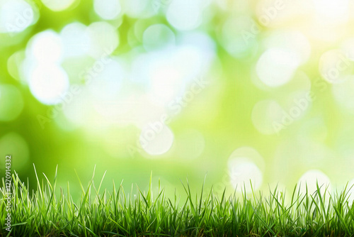 Spring summer background with frame of grass and leaves on nature. Juicy lush green grass on meadow in morning sunny light outdoors.