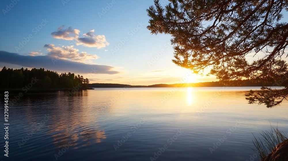 Serene Lake at Sunset with Silhouetted Trees and Reflections in Water : Generative AI Serene Lake at Sunset with Silhouetted Trees and Reflections in Water : Generative AI