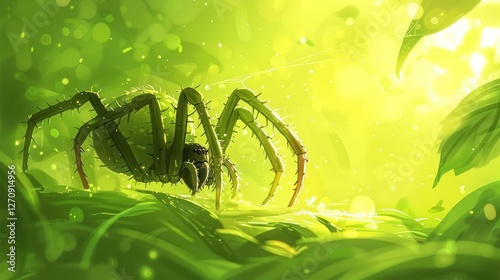 A vibrant, stylized spider camouflaged among lush green foliage in a magical forest setting.