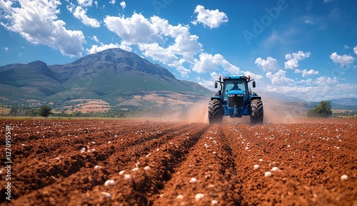 A panoramic view of a crop spray machine applying chemicals to a wheat crop on a South African farm