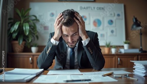 Bankrupt business owner looks stressed at an empty desk, surrounded by scattered financial documents.