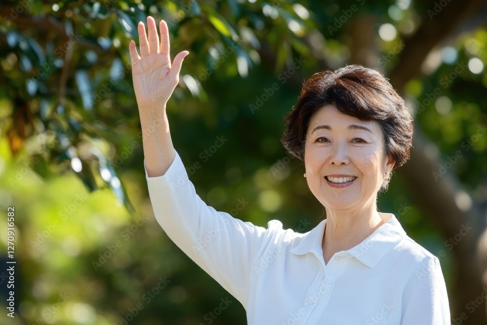 Japanese woman in her late forties wearing a white shirt, waving and smiling, with a park background. Japanese woman in her late forties wearing a white shirt, waving and smiling, with a park background.