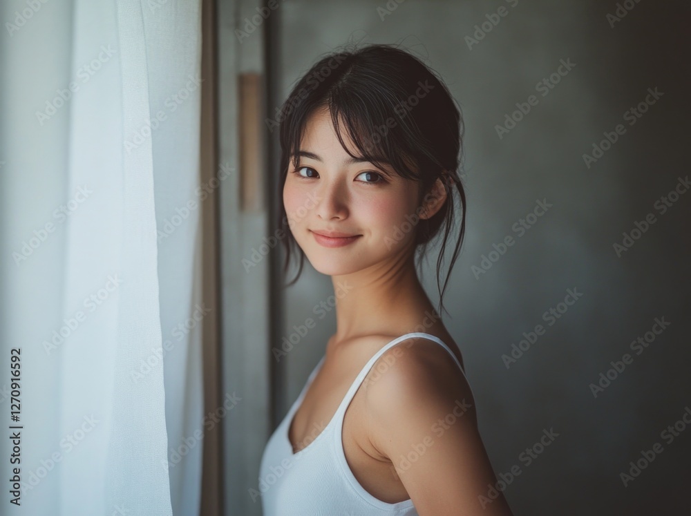 Japanese woman in her thirties, wearing a white tank top and smiling at the camera against a wall. Japanese woman in her thirties, wearing a white tank top and smiling at the camera against a wall.