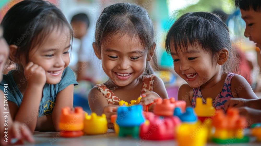 Kids joyfully sharing colorful toys while playing together in a bright indoor space filled with laughter Kids joyfully sharing colorful toys while playing together in a bright indoor space filled with laughter