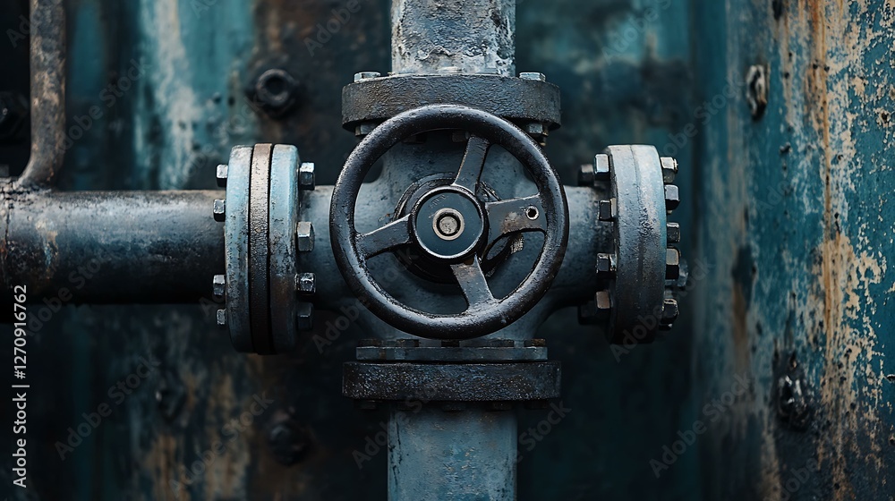 A close-up of an industrial valve connected to a fuel storage tank, metallic textures A close-up of an industrial valve connected to a fuel storage tank, metallic textures