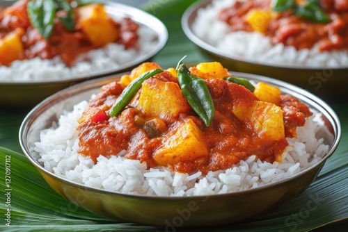 A traditional Indian dish featuring basmati rice and a curry, served in metal bowls with a touch of saffron for color. A garnish of whole peppercorns adds to the authenticity of this ethnic meal. photo