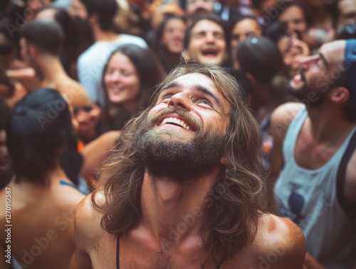 A man in a crowd enjoying a rock concert, looking up with a smile on his face.