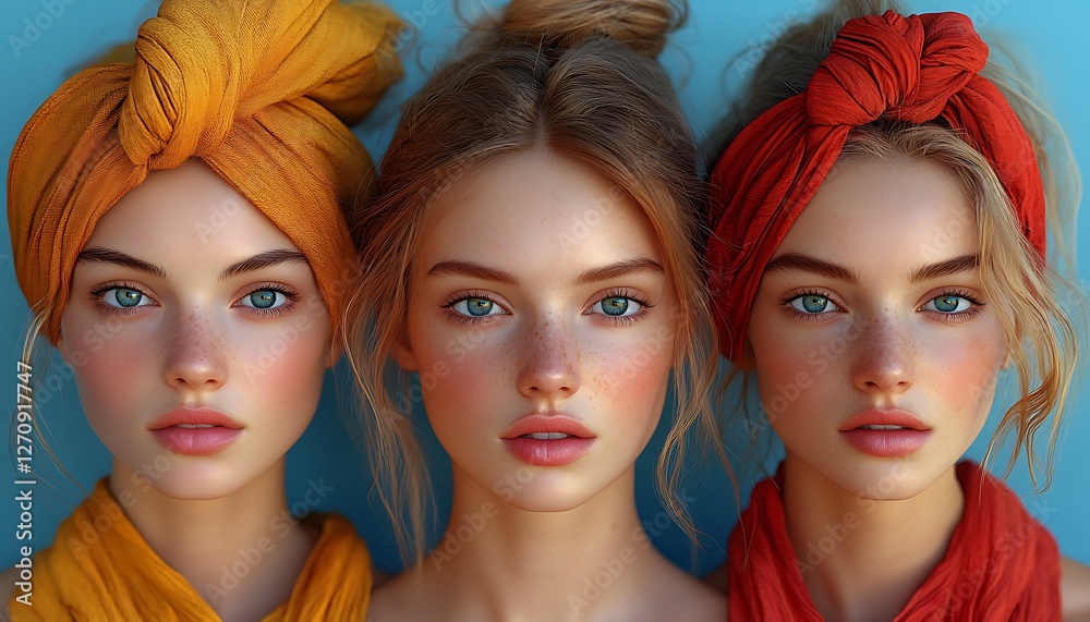 Three Individuals with Stylish Head Wraps in Yellow Neutral  and Red Posing Against Bright Blue Background