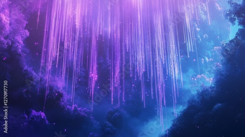 Magical purple and blue light cascade, ethereal glowing streaks, abstract night sky, dreamy vibrant colors, serene cosmic aura