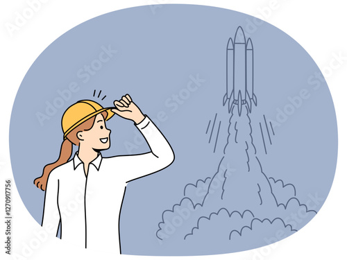 Woman engineer stands near taking off space rocket and watches successful takeoff of shuttle. Girl rejoices at launch of new spacecraft or rocket for research mission with astronauts landing on moon
