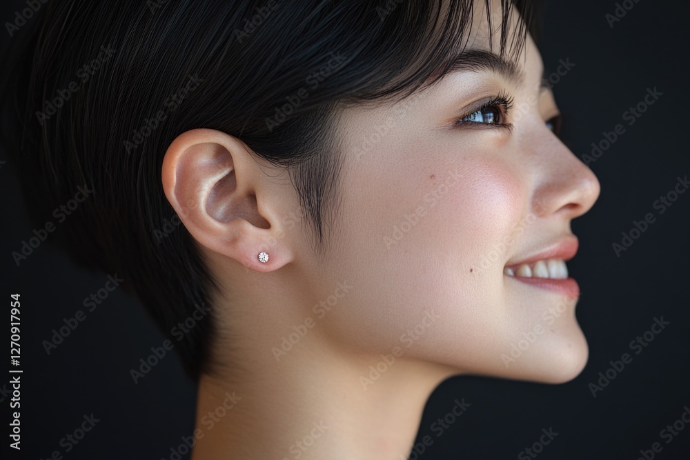 Close-up profile of Japanese smiling woman with black hair, on a black background. Close-up profile of Japanese smiling woman with black hair, on a black background.