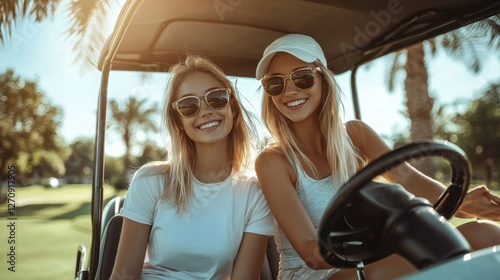 A couple of beautiful young girls have fun in one day at a golf club. Blonde women look at the camera happily while riding in a golf cart. Concept of 2 beautiful women playing golf