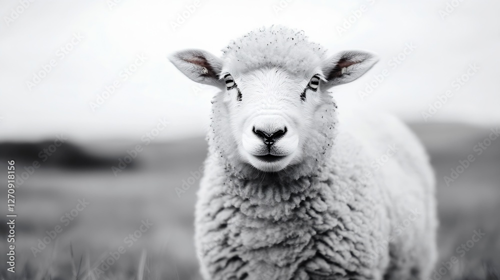 Obraz premium Charming fluffy sheep with soft wool and gentle expression grazing peacefully on a monochromatic landscape : Generative AI