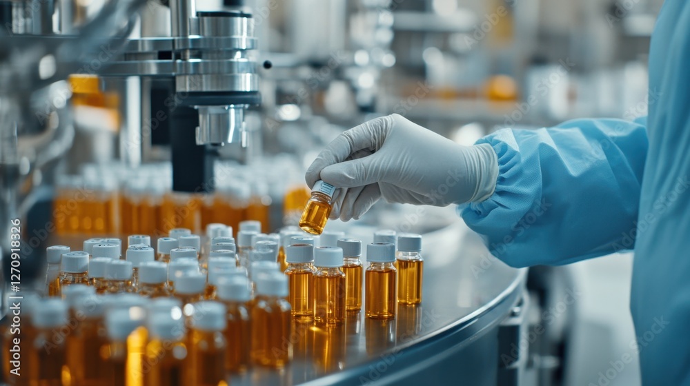 A pharmaceutical cleanroom showcasing an automated line and a pharmacists hand holding a vial.
