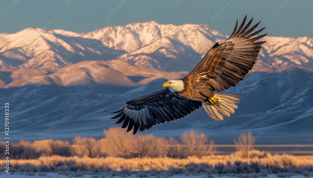 Fototapeta premium Bald eagle soaring, snowy mountains backdrop, sunrise