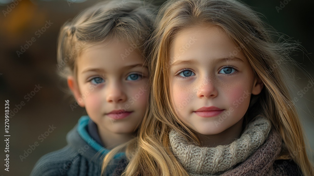 Two children with blue eyes and cozy sweaters stand close together in a natural setting during golden hour Two children with blue eyes and cozy sweaters stand close together in a natural setting during golden hour