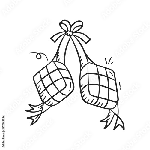 Eid al fitr ketupat doodle icon collection. Ramadan and eid mubarak celebration traditional rice hand drawn illustration set.