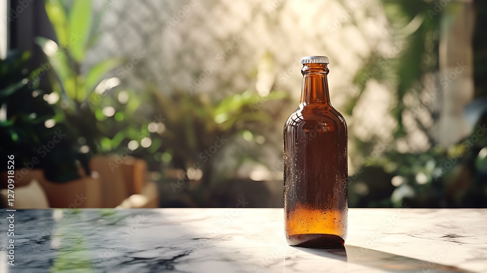 Cold brew coffee bottle with condensation, standing on a marble countertop, high-resolution detail