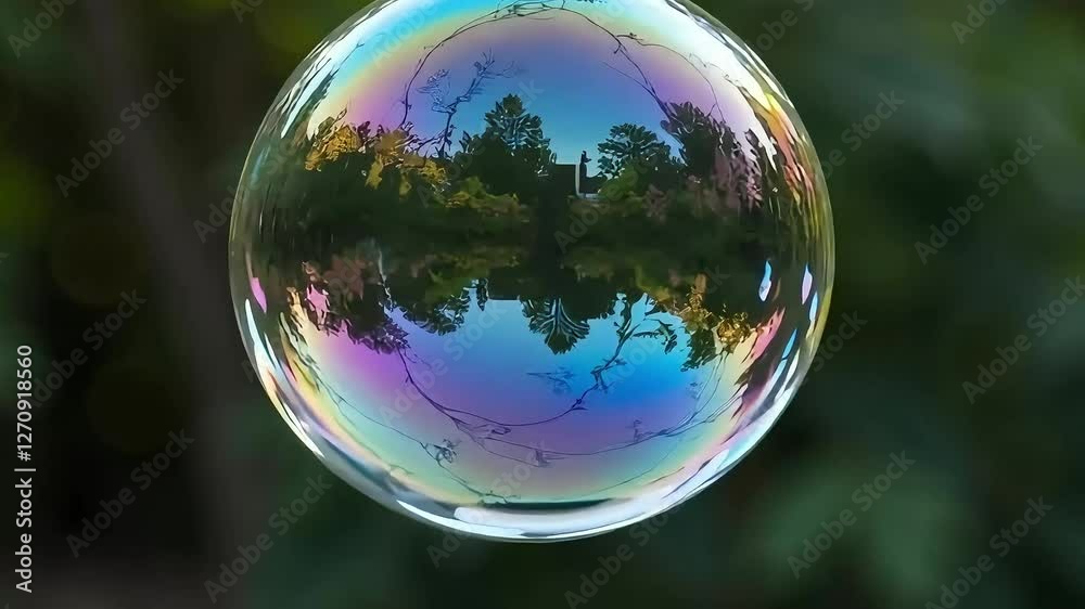 A single soap bubble floating slowly through the air, reflecting rainbow colors