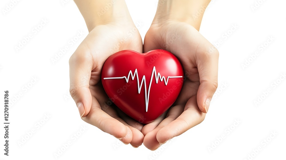 Fototapeta premium Hands holding a red heart with an electrocardiogram line, symbolizing healthcare, white background