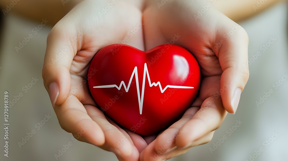 Hands holding a red heart with an electrocardiogram line, symbolizing healthcare, white background Hands holding a red heart with an electrocardiogram line, symbolizing healthcare, white background