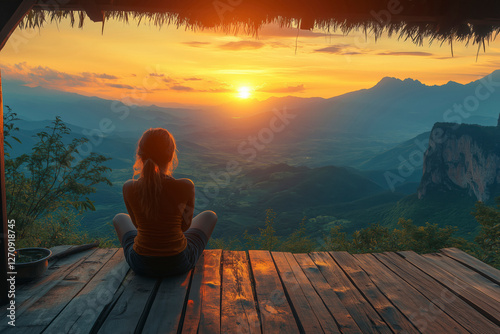 Back of a woman sitting on a wooden porch extending into a high mountain cliff. The sun is setting on the mountain and there is a beautiful warm orange light.