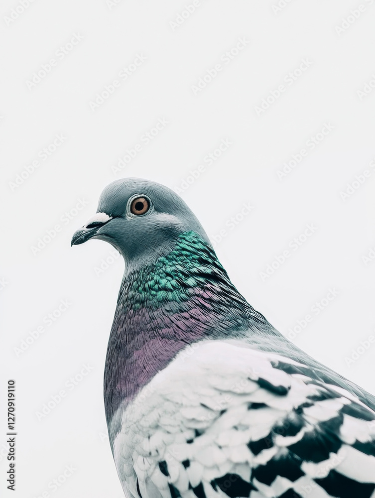 Fototapeta premium Pigeon portrait: iridescent feathers, detailed texture, isolated background