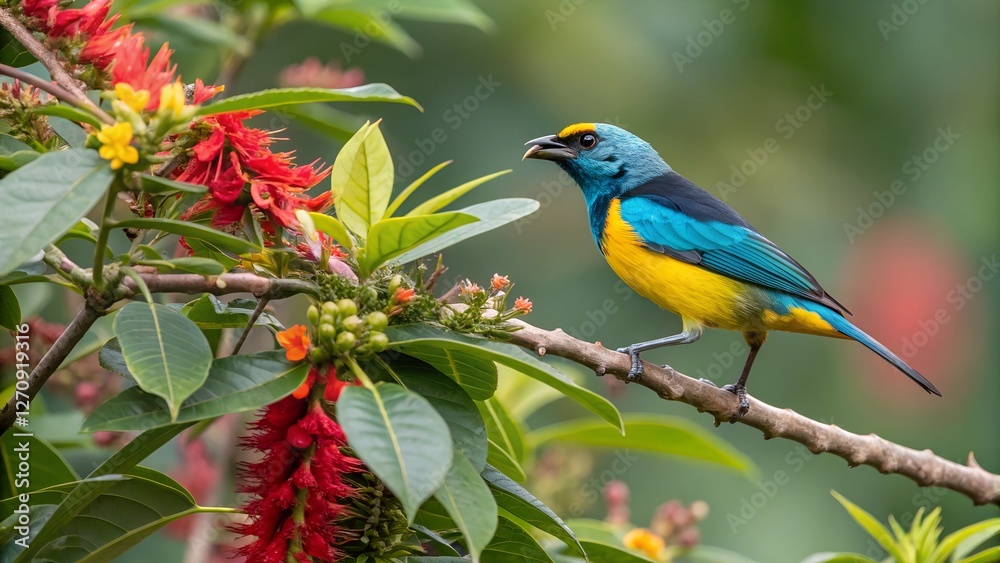 Obraz premium A colorful tropical bird with bright blue and yellow feathers, perched on a vibrant tree branch.