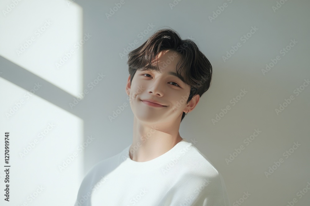 Young Asian man wearing a white long-sleeved shirt, standing in front of a light gray wall, smiling at the camera. Young Asian man wearing a white long-sleeved shirt, standing in front of a light gray wall, smiling at the camera.