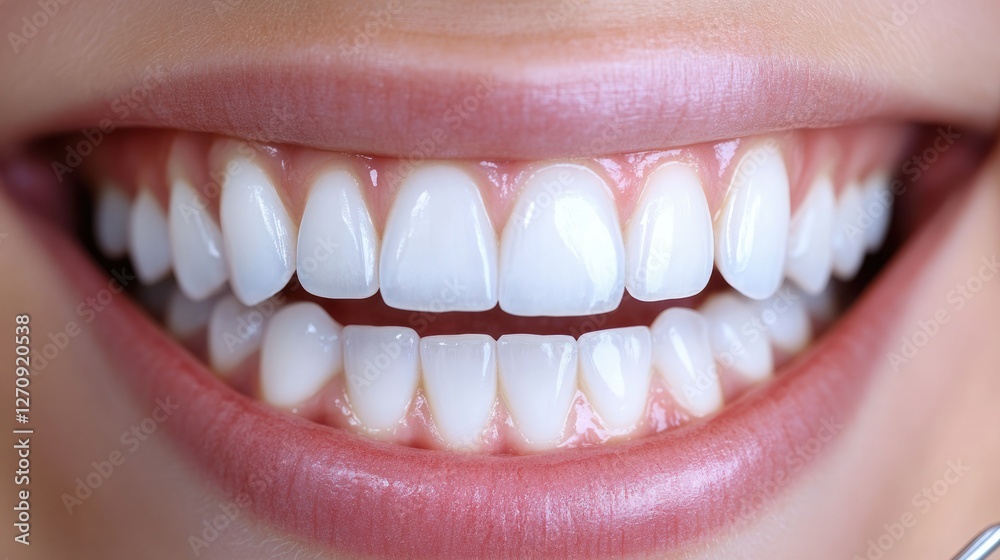 Fototapeta premium Bright smile showcasing straight, white teeth in a close-up view during daytime