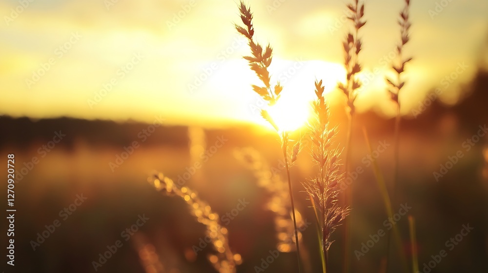 Fototapeta premium Golden sunlight illuminating tall grass in a picturesque field during sunset hour : Generative AI