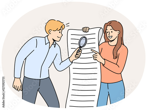 Man and woman are studying large business document using magnifying glass to look for hidden information in legal documents. Business people analyze and check data before signing contract